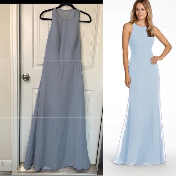 Hayley Paige blue bridesmaid dress 5714 maxi chiffon size 8 wedding guest modest - Picture 1 of 8